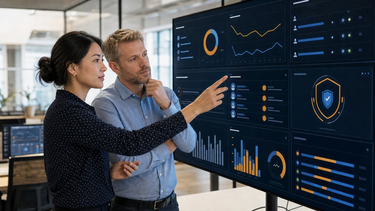 Cloud-Administratorin und Kollege prüfen gemeinsam Sicherheit und Betriebszustand ihrer Cloud-Systeme
