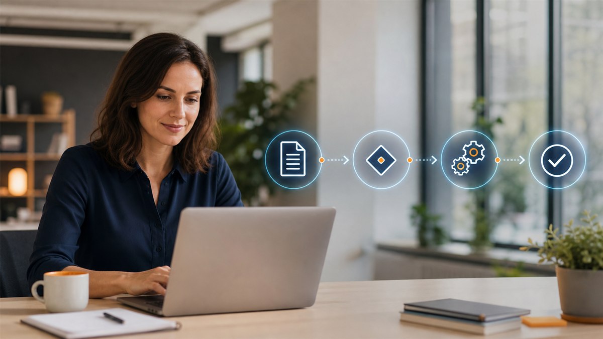Mitarbeiterin analysiert einen vierstufigen digitalen Prozess und bereitet dessen Automatisierung vor