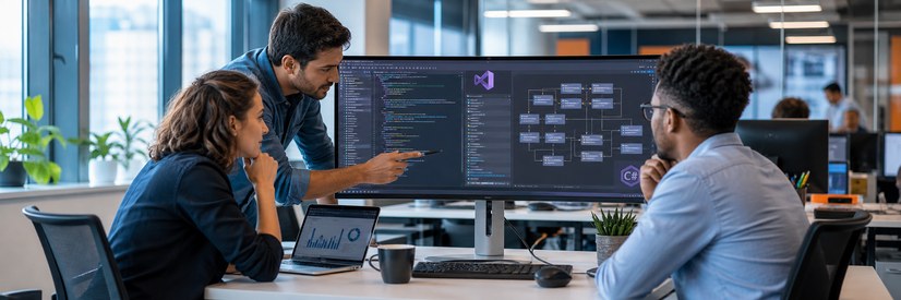 Entwicklungsteam bespricht C-Sharp-Code, Tests und Softwarearchitektur in Visual Studio