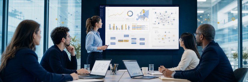 Team analysiert ein Business-Intelligence-Dashboard und ein Modell für Künstliche Intelligenz