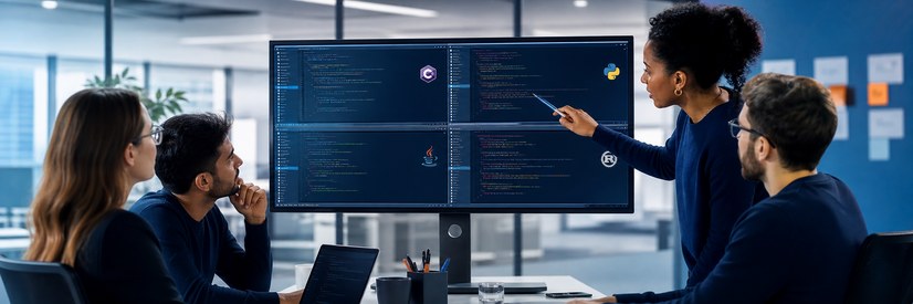 Entwicklungsteam arbeitet gemeinsam mit C-Sharp, Python, Java und Rust