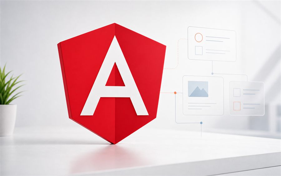 Angular Kursbild mit dominantem Angular Logo, SPA-Komponenten und TypeScript-Kontext