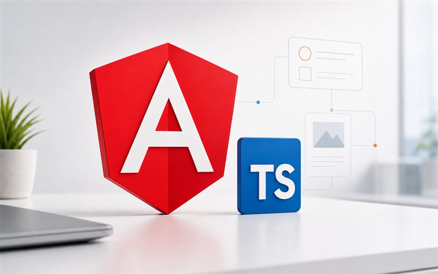 Kursbild zur Power-Woche TypeScript und Angular mit dominantem Angular Logo und TypeScript Symbol