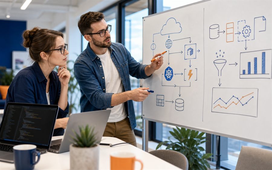 Azure Power-Woche mit Cloud-Architektur und Datenanalyse am Whiteboard