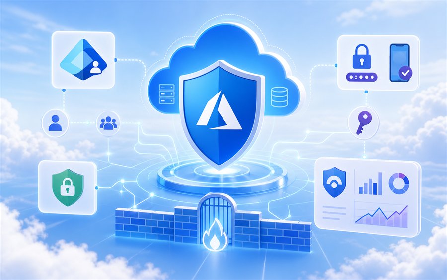 Kursbild Azure Security mit Cloud-Schutzschild, Entra ID, MFA, Firewall und Security Monitoring