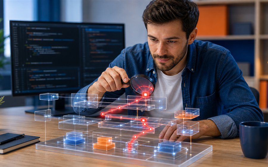 Kursbild Debugging mit Entwickler, Diagnosemodell und roter Fehler-Spur