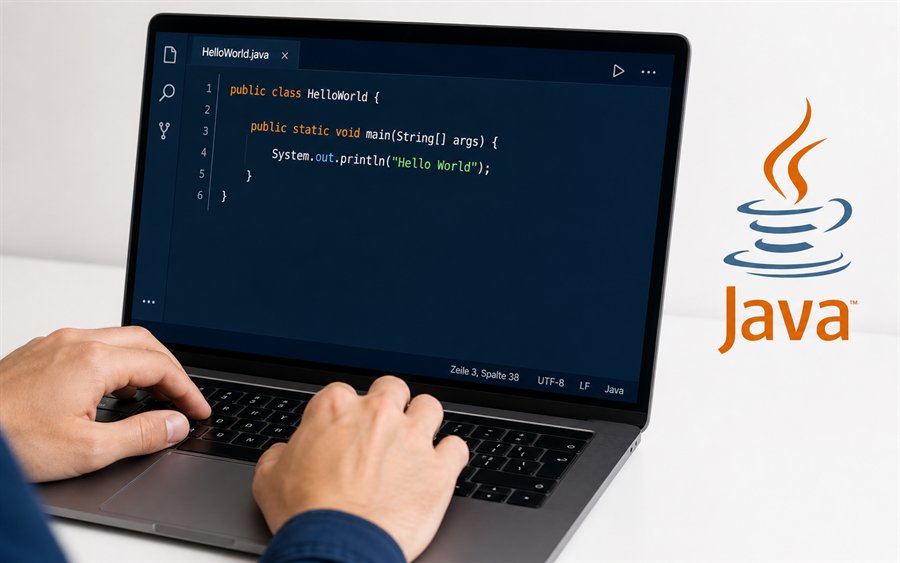 Notebook mit Java Hello World Code und Java Logo im Java Grundlagenkurs