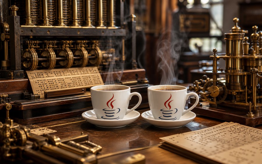 Antike mechanische Maschine mit zwei zentralen Kaffeetassen, deren Dampf an das Java Logo erinnert