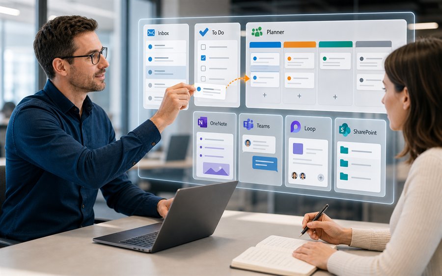 Zwei Kollegen organisieren Aufgaben mit Microsoft 365 Board für Planner, To Do, Outlook, OneNote, Teams, Loop und SharePoint