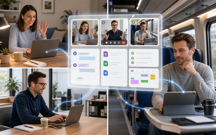 Menschen arbeiten von verschiedenen Orten über eine gemeinsame Teams-ähnliche Oberfläche zusammen