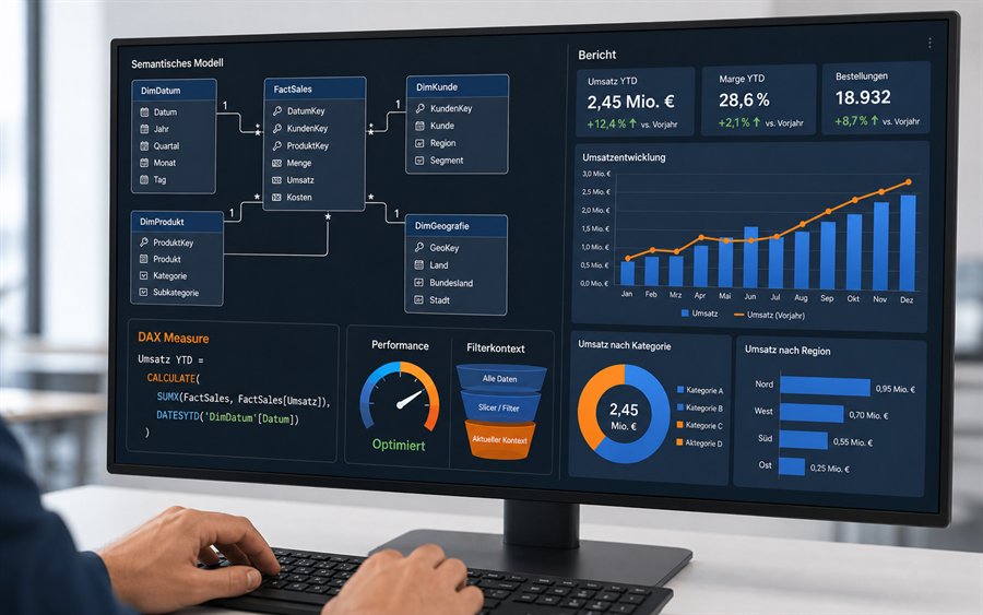 Power BI Monitor mit semantischem Modell, DAX Measure, Filterkontext und Bericht