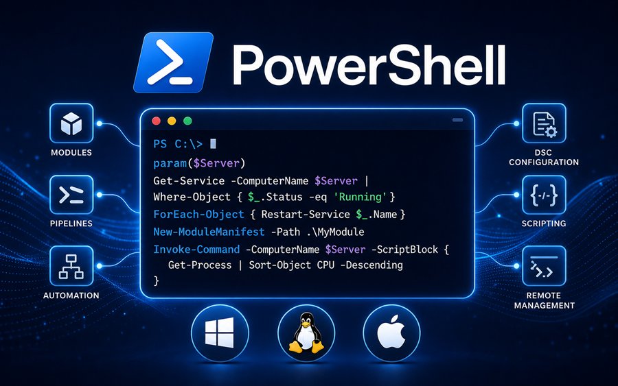 PowerShell Fortgeschrittenen-Kursgrafik mit Terminal, Modulen, DSC, Pipelines, Scripting und Remote Management
