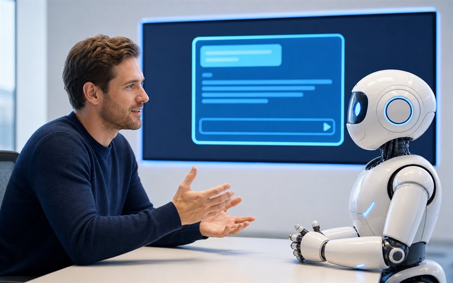 Mensch im Gespräch mit einem freundlichen Roboter als Bild für Prompt Engineering Training