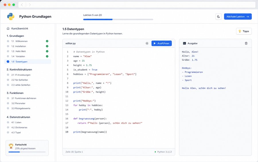 Neu komponierter Website-Screenshot einer Python-Lernoberfläche mit Code-Editor und Ausgabe