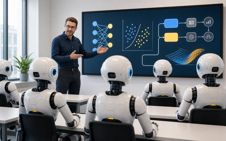 Menschlicher Trainer unterrichtet Roboter in einem Schulungsraum zu Machine Learning