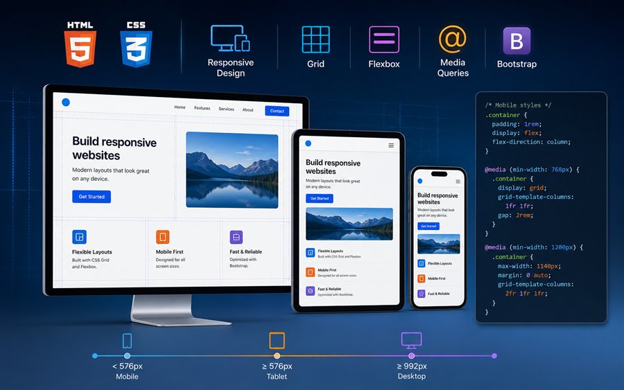 Responsive Webdesign auf Desktop Tablet und Smartphone mit CSS Grid und Media Query Code