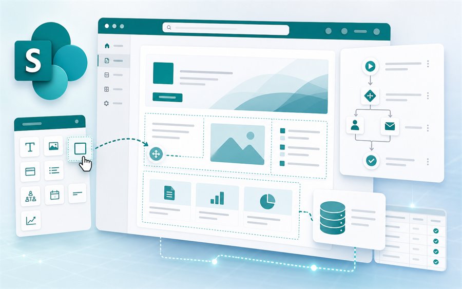 SharePoint Designer Arbeitsflaeche mit Webparts, Workflow und Datenanbindung
