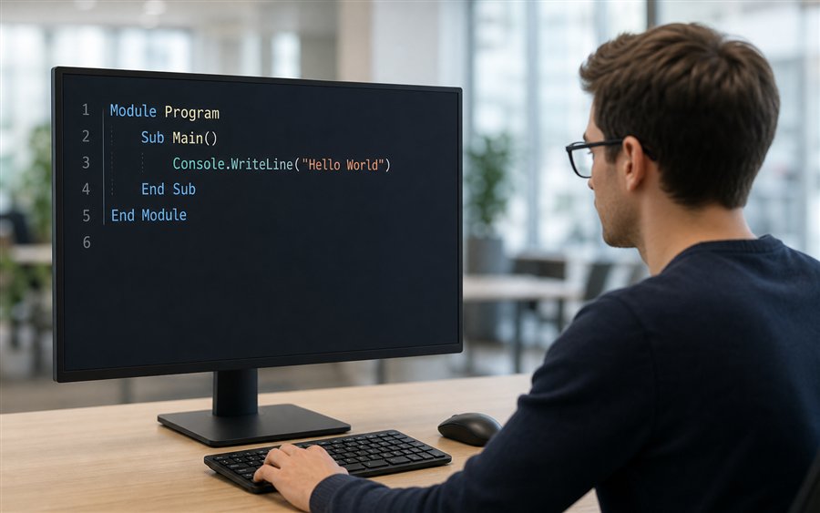 Softwareentwickler lernt Visual Basic .NET an einem aufgeräumten Arbeitsplatz