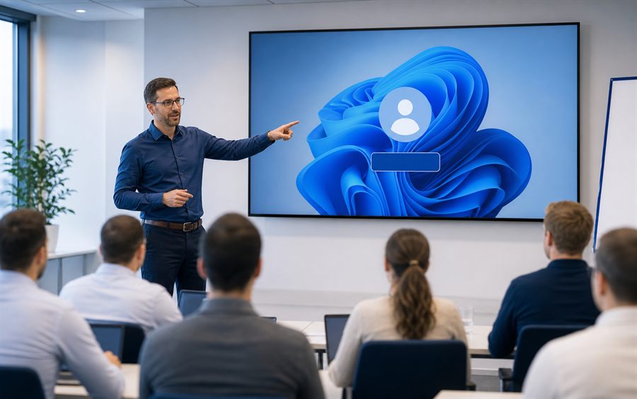Trainer erklärt Windows 11 Anmeldung im Schulungsraum
