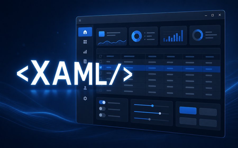 Softwareentwickler gestaltet moderne WPF Benutzeroberflächen mit großem XAML Schriftzug